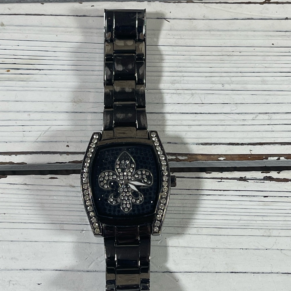 *NEW BATTERY* BKE watch fleur-de-lis Lily Saints Rhinestone Gunmetal Black Steel - Picture 6 of 12